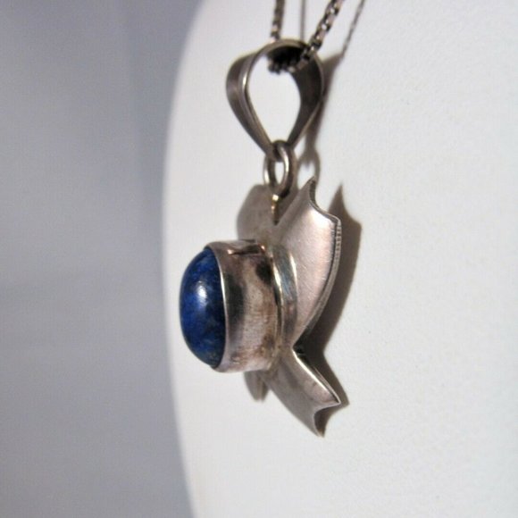 Sterling 925 Silver Lapis Lazuli Gemstone Abstract Pendant Necklace Vintage - Picture 7 of 9